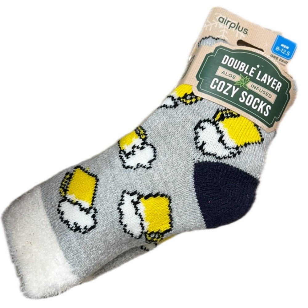 Airplus Mens Double Layer Cozy Socks Beer Mugs Gray Infused w/Aloe Vera gift